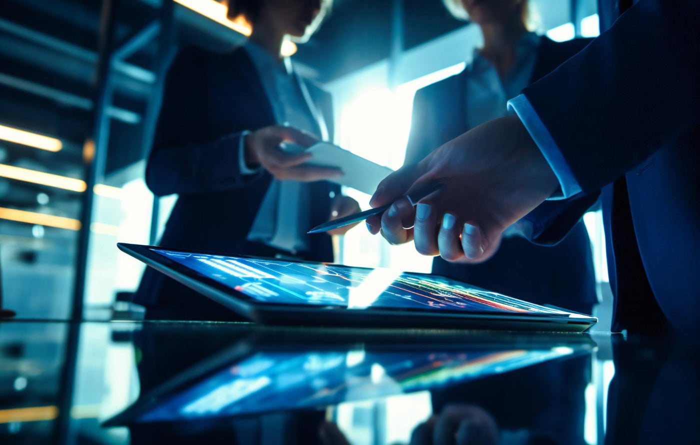 Two business professionals interacting with a digital tablet in a modern office setting.