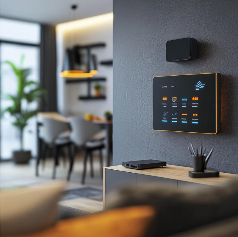 Smart home control panel on a wall in a modern living room