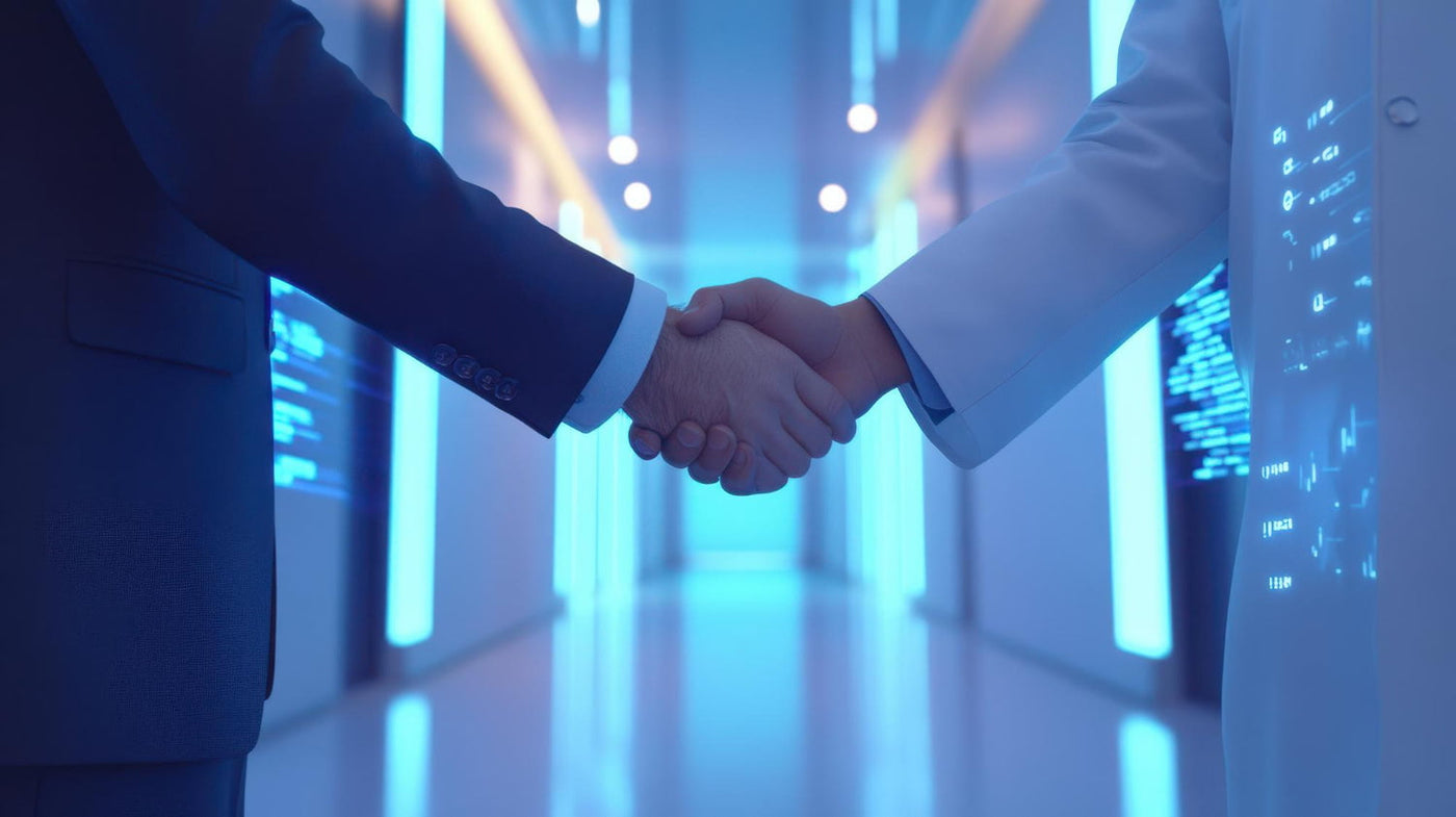 Two people shaking hands with a futuristic background of digital code and lights.