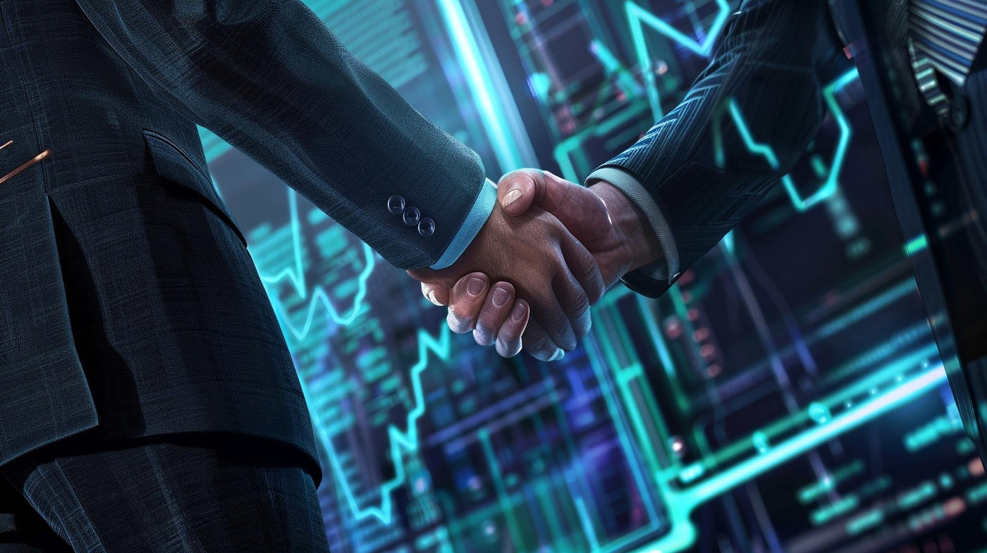 Two people shaking hands with a futuristic digital background