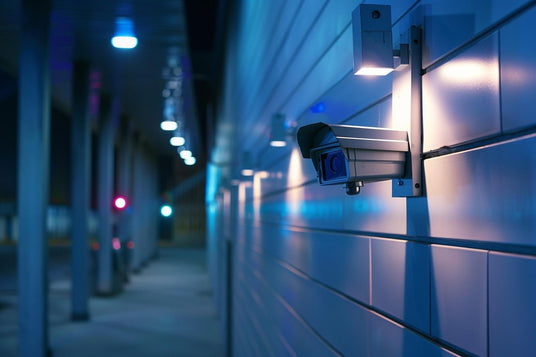 CCTV camera mounted on a wall at night with blurred background