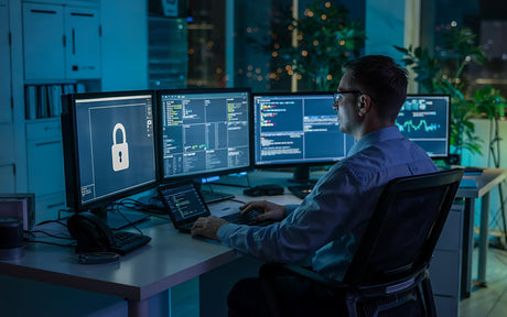 Person working at a desk with multiple computer monitors in a dimly lit room.