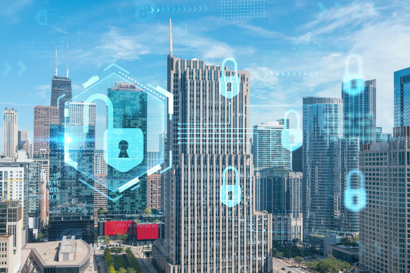 Cityscape with modern buildings and digital lock icons overlayed