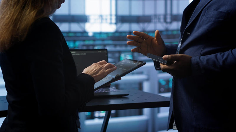 Two people in a professional setting, one using a laptop and the other holding a tablet, with blurred background.