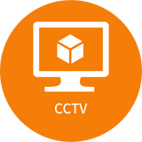 CCTV icon with a monitor and cube on an orange circle
