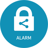 White lock icon with a share symbol on a blue circle with 'ALARM' text